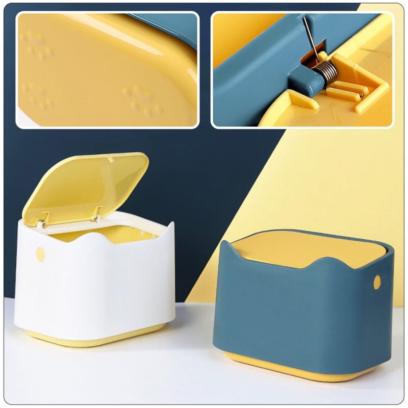 Mini Desktop Trash Can With Lid Blue And Yellow Plastic Waste Bin For Home Office - Image 5