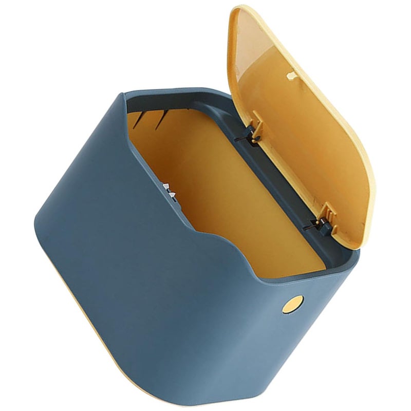 Mini Desktop Trash Can With Lid Blue And Yellow Plastic Waste Bin For Home Office - Image 2