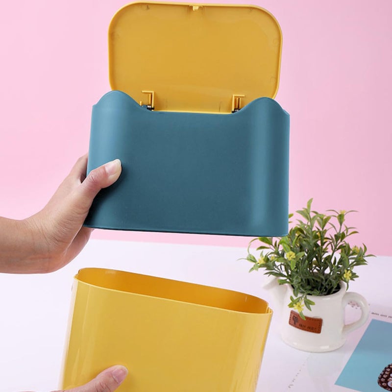 Mini Desktop Trash Can With Lid Blue And Yellow Plastic Waste Bin For Home Office - Image 4