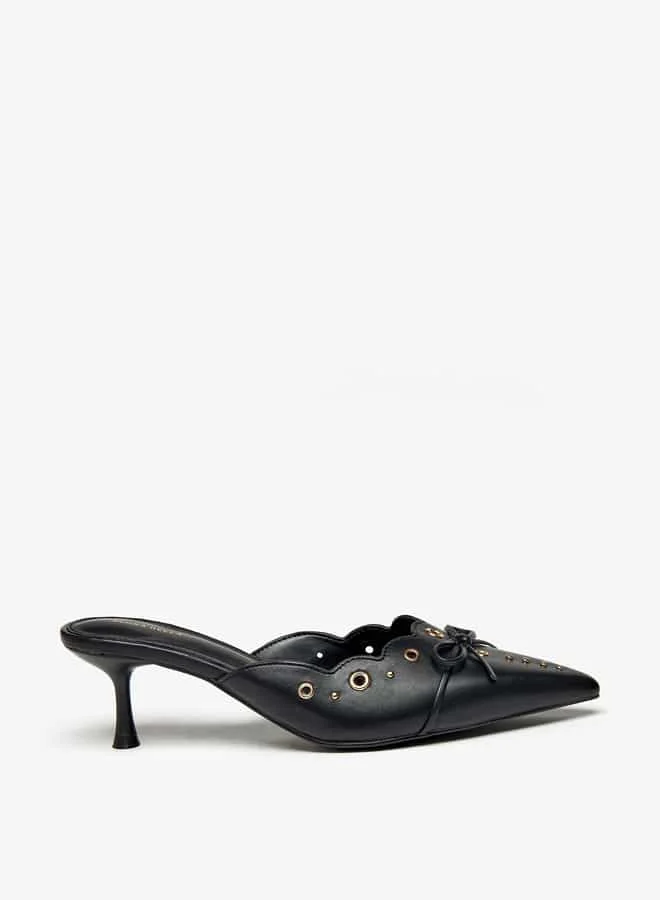 Flora Bella By Shoexpress Women Eyelet Tetxured Slip-On Mules with Bow Applique and Cone Heels
