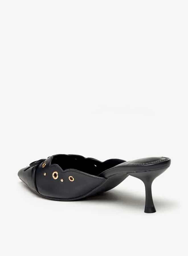 Flora Bella By Shoexpress Women Eyelet Tetxured Slip-On Mules with Bow Applique and Cone Heels
