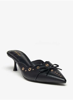 Flora Bella By Shoexpress Women Eyelet Tetxured Slip-On Mules with Bow Applique and Cone Heels  - Image 1