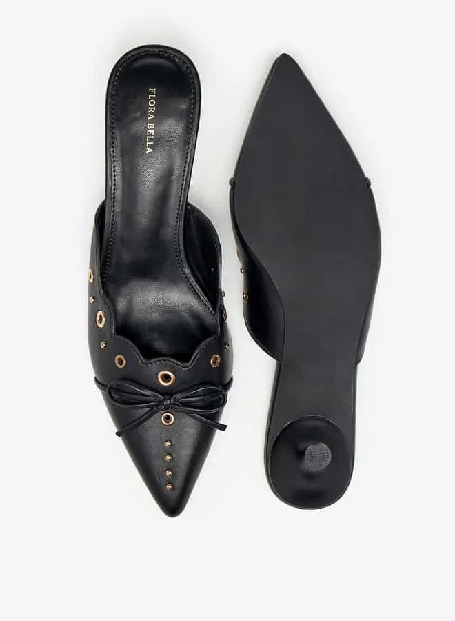 Flora Bella By Shoexpress Women Eyelet Tetxured Slip-On Mules with Bow Applique and Cone Heels