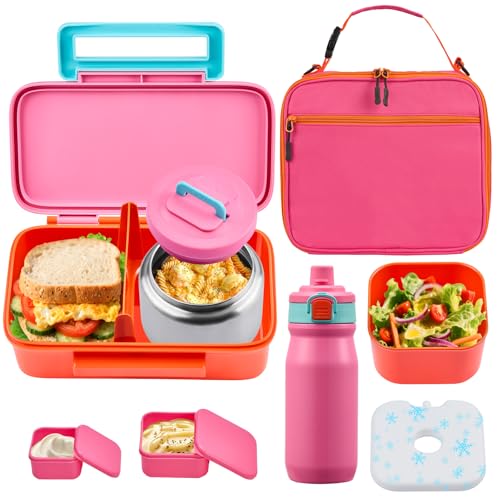 PIQUEBAR Kids Lunch Box with 8oz Thermo, Leakproof Bento Box with Insulated Bag, Kids Insulated Water Bottle with Straw, Food Lunch Container for Back to School Girls, Pink - Image 1