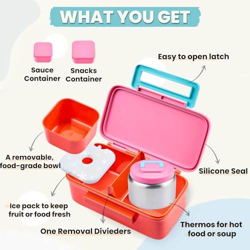 PIQUEBAR Kids Lunch Box with 8oz Thermo, Leakproof Bento Box with Insulated Bag, Kids Insulated Water Bottle with Straw, Food Lunch Container for Back to School Girls, Pink - Image 2