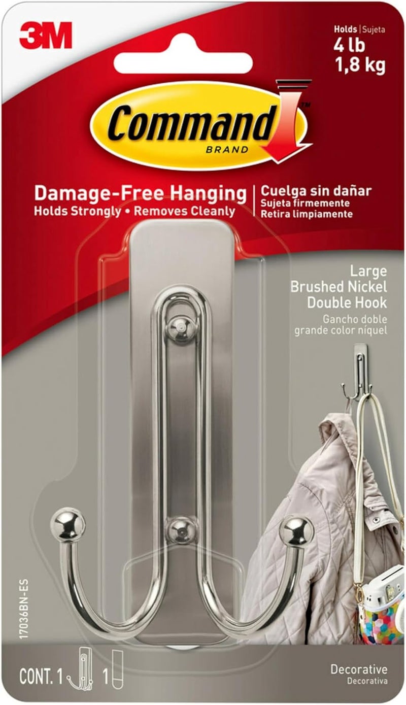 Command Silver Double Hook, Indoor Use, 1 hook, 1 strip (17036BN-ES) - Image 1