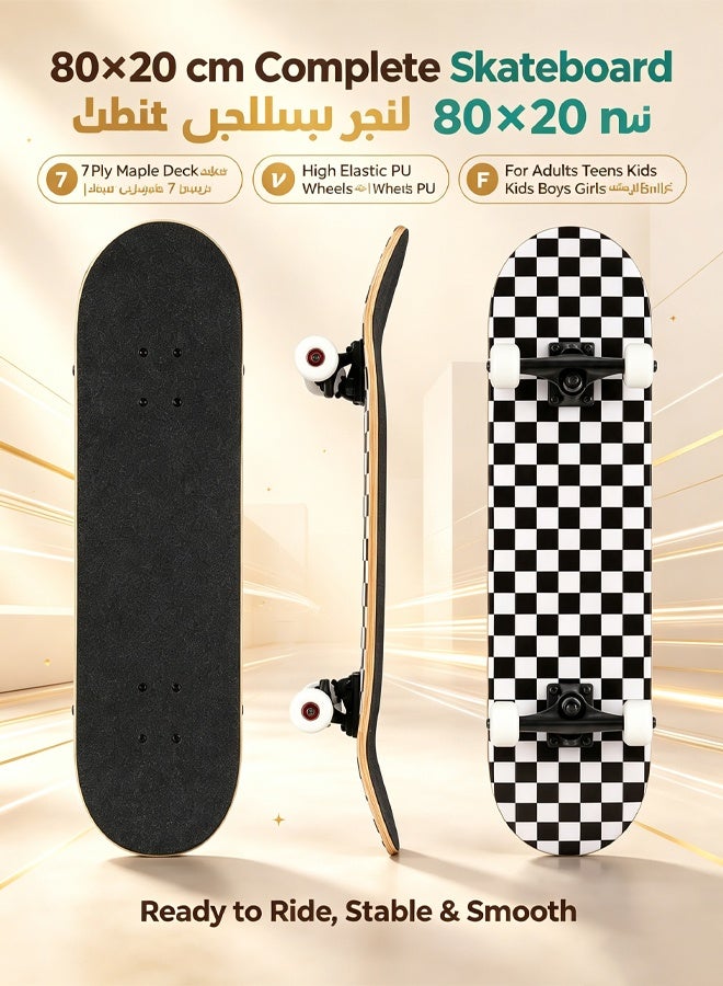 Bukela 80cmx20cm Skating Board Beginner Skateboard for Adult 7 Ply Maple Deck Complete With High Elastic PU Wheels  Skate Board for Adults Teens Youths Kids Boys and Girls - Image 1