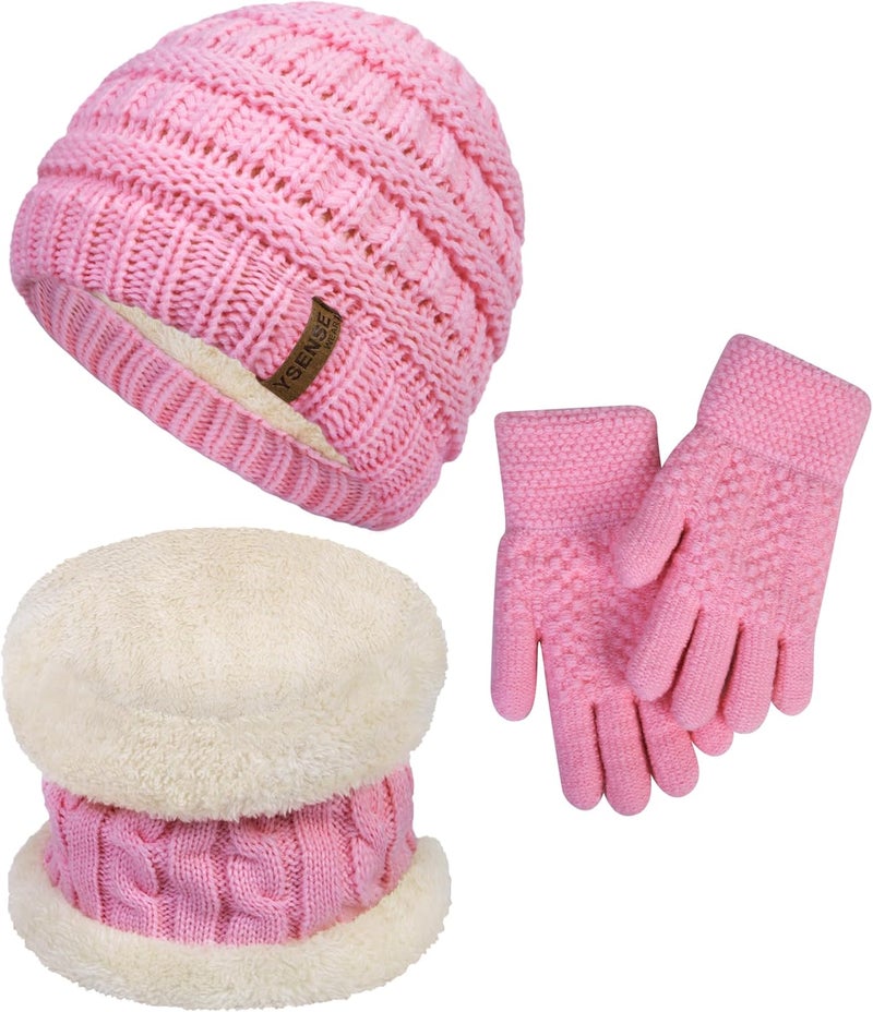 YSense 3 Pcs Kids Winter Beanie Hat Scarf Gloves Set Thick Knit Warm Fleece Fuzzy Lined Beanie Caps Mittens for Boys Girls - Image 1