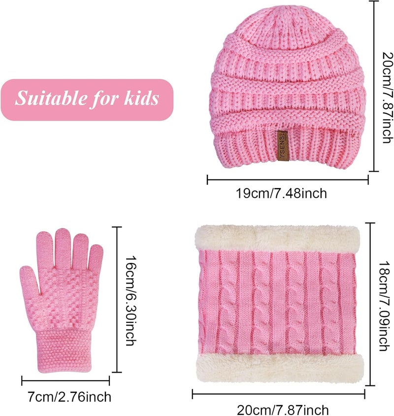 YSense 3 Pcs Kids Winter Beanie Hat Scarf Gloves Set Thick Knit Warm Fleece Fuzzy Lined Beanie Caps Mittens for Boys Girls - Image 2