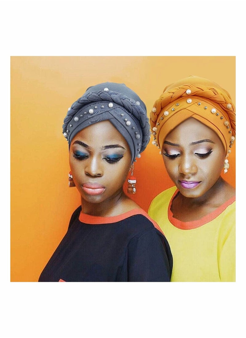 SYOSI - African Turban Head Wraps Pearls Head Scarf Braid Pre-Tied Soft Head Cover Cap Headwear for Women and Girls (Pack of 3) - Image 1
