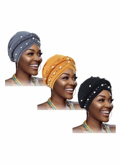 African Turban Head Wraps Pearls Head Scarf Braid Pre-Tied Soft Head Cover Cap Headwear for Women and Girls (Pack of 3)