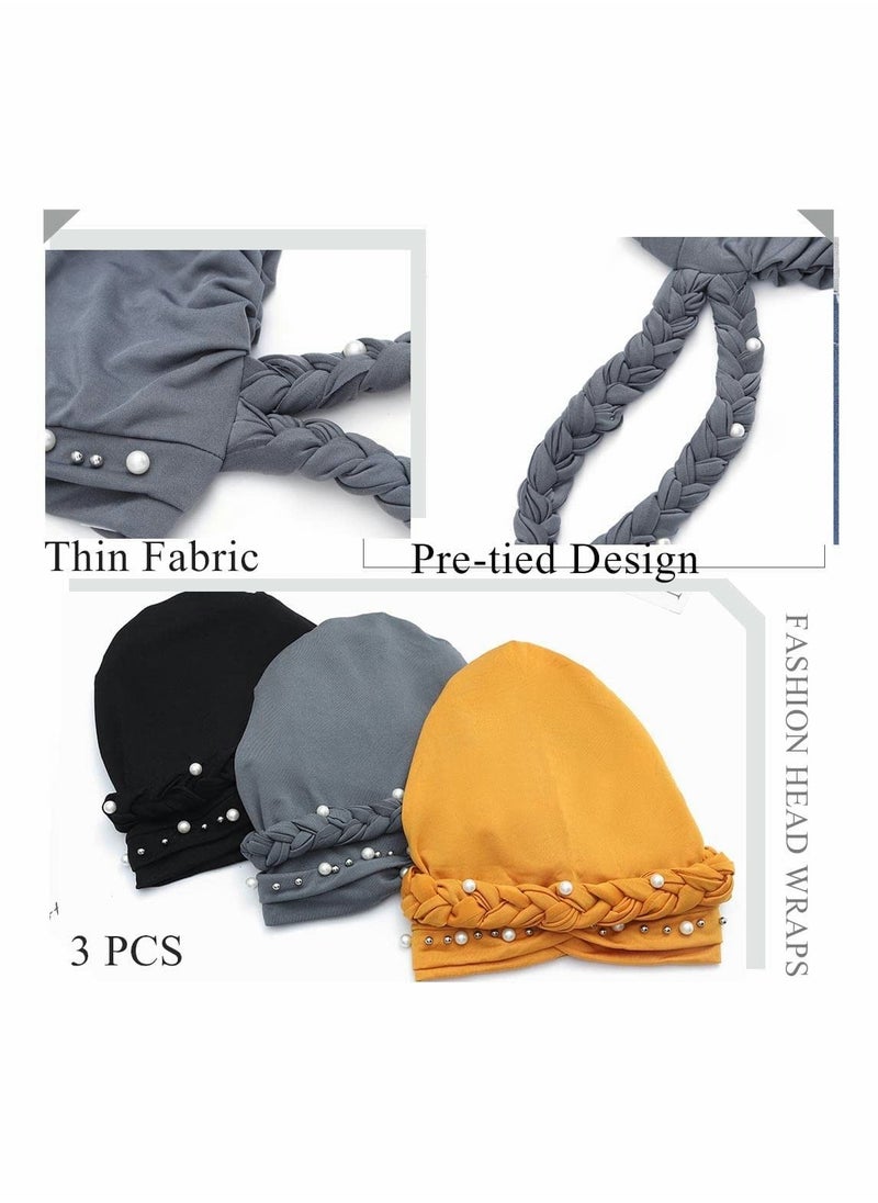 SYOSI - African Turban Head Wraps Pearls Head Scarf Braid Pre-Tied Soft Head Cover Cap Headwear for Women and Girls (Pack of 3) - Image 1