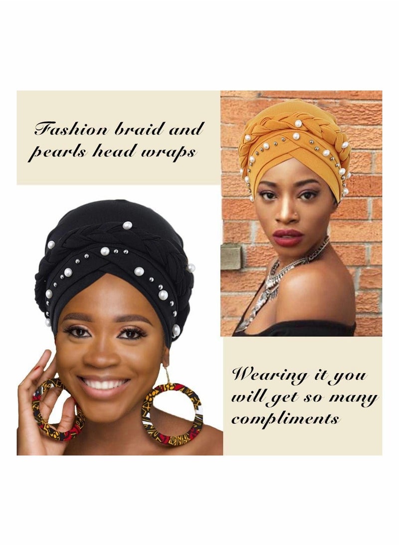 SYOSI - African Turban Head Wraps Pearls Head Scarf Braid Pre-Tied Soft Head Cover Cap Headwear for Women and Girls (Pack of 3) - Image 1