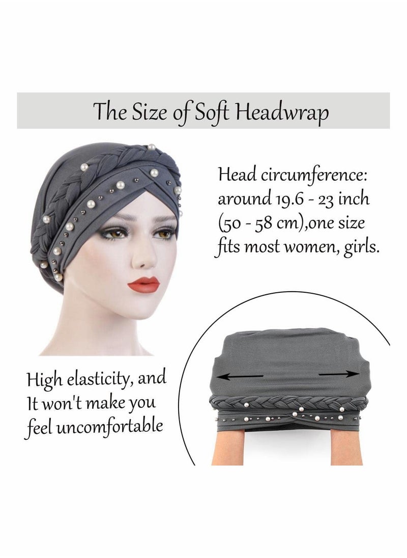 SYOSI - African Turban Head Wraps Pearls Head Scarf Braid Pre-Tied Soft Head Cover Cap Headwear for Women and Girls (Pack of 3) - Image 1