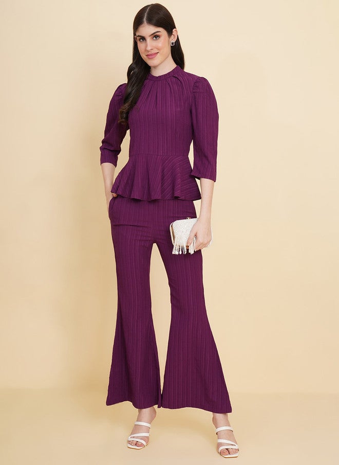 RAASSIO طقم بلوزة بيبلوم بتصميم ذاتي باللون الأرجواني وسروال للنساء - Image 5