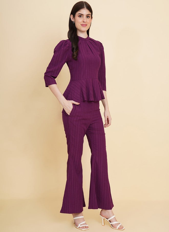 RAASSIO طقم بلوزة بيبلوم بتصميم ذاتي باللون الأرجواني وسروال للنساء - Image 3