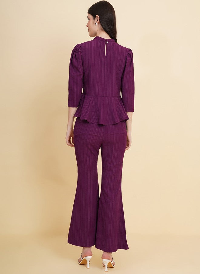 RAASSIO طقم بلوزة بيبلوم بتصميم ذاتي باللون الأرجواني وسروال للنساء - Image 4