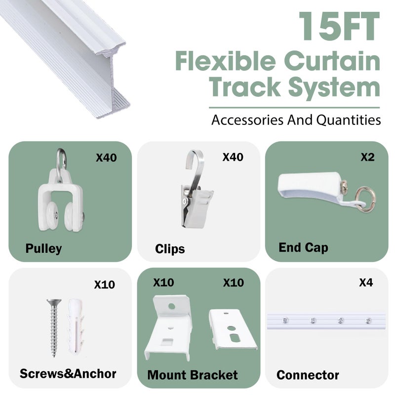 Cbsroro Flexible Bendable Ceiling Curtain Track, Room Divider Curtain Rod Tracks Ceiling or Wall Mount with Clips, Heavy-Duty Divider Curtains Rails for Living Room Shower Privacy RV, White 15 FT - Image 5