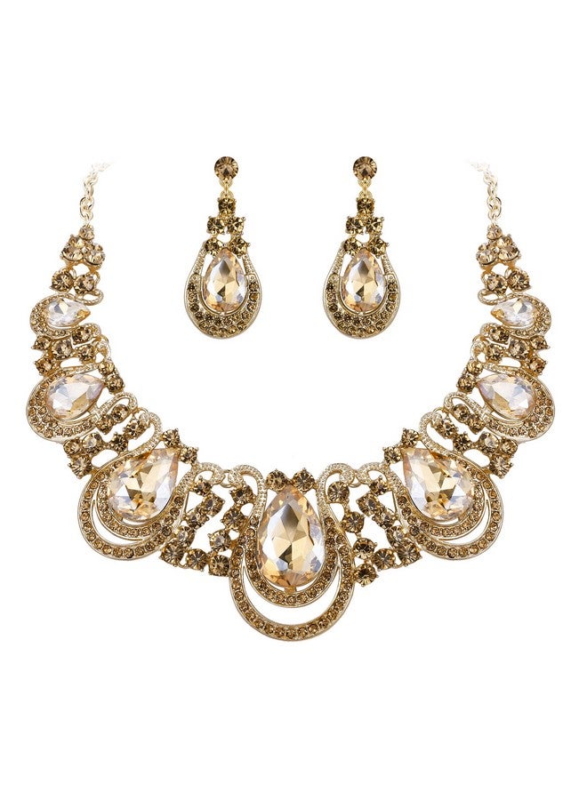 BriLove Costume Fashion Jewelry Set For Women Crystal Teardrop Hollow Scroll Statement Necklace Dangle Earrings Set Champagne Goldtoned - Image 1