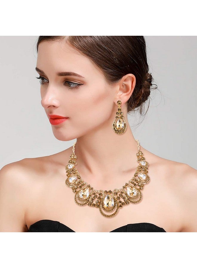 BriLove Costume Fashion Jewelry Set For Women Crystal Teardrop Hollow Scroll Statement Necklace Dangle Earrings Set Champagne Goldtoned - Image 2
