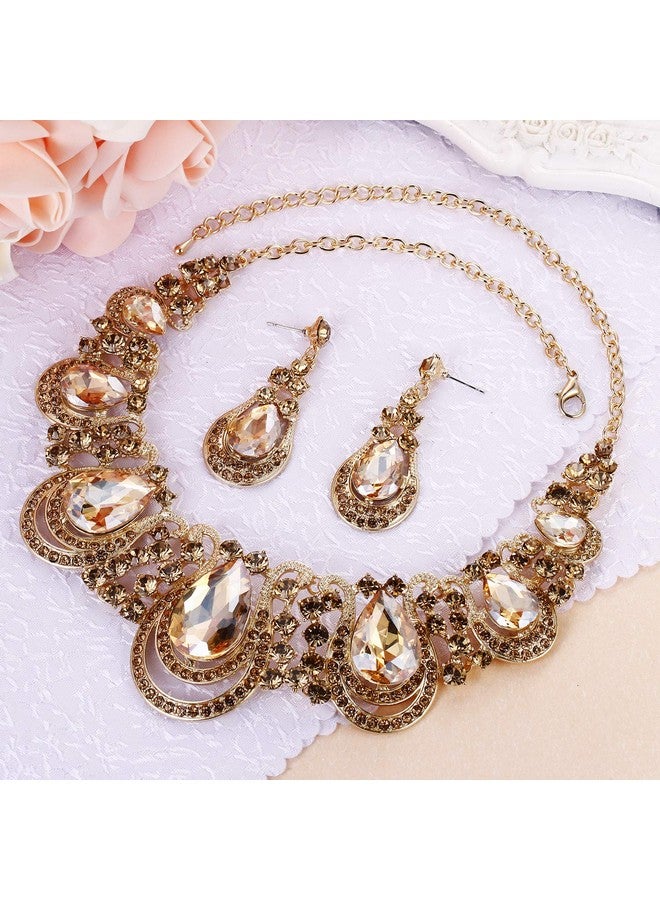 BriLove Costume Fashion Jewelry Set For Women Crystal Teardrop Hollow Scroll Statement Necklace Dangle Earrings Set Champagne Goldtoned - Image 3