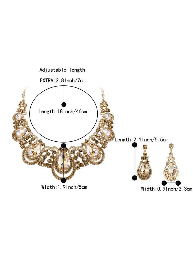 BriLove Costume Fashion Jewelry Set For Women Crystal Teardrop Hollow Scroll Statement Necklace Dangle Earrings Set Champagne Goldtoned - Image 4