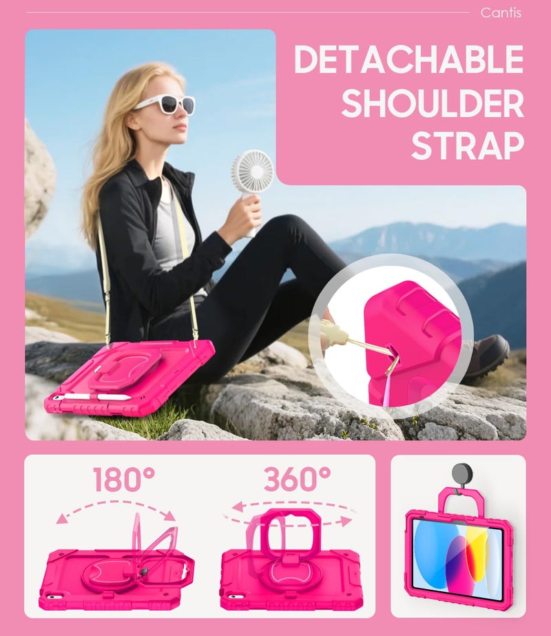Cantis Case for iPad (A16) 11th/ 10th Generation 11/ 10.9 Inch 2025/ 2022, Shockproof Case for iPad 11 with Screen Protector/ Rotating Stand/ Adjustable Shoulder Strap/ Pen Holder, Hot Pink - Image 5