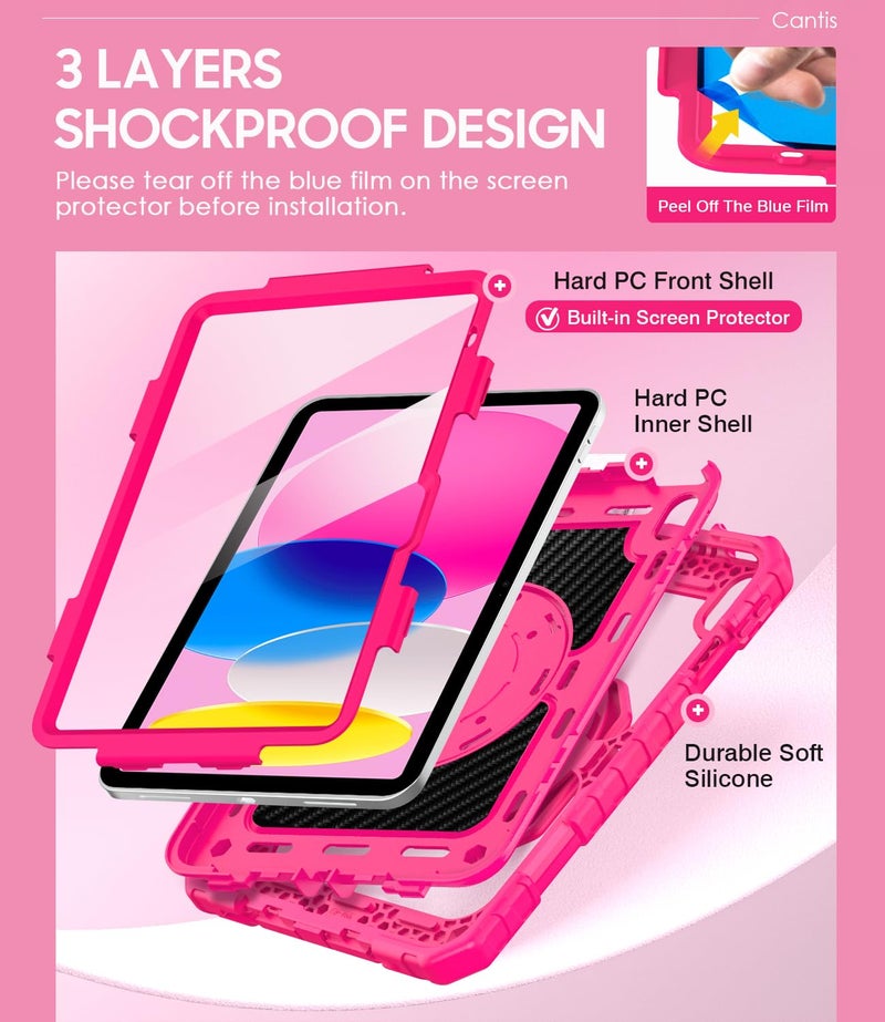 Cantis Case for iPad (A16) 11th/ 10th Generation 11/ 10.9 Inch 2025/ 2022, Shockproof Case for iPad 11 with Screen Protector/ Rotating Stand/ Adjustable Shoulder Strap/ Pen Holder, Hot Pink - Image 3