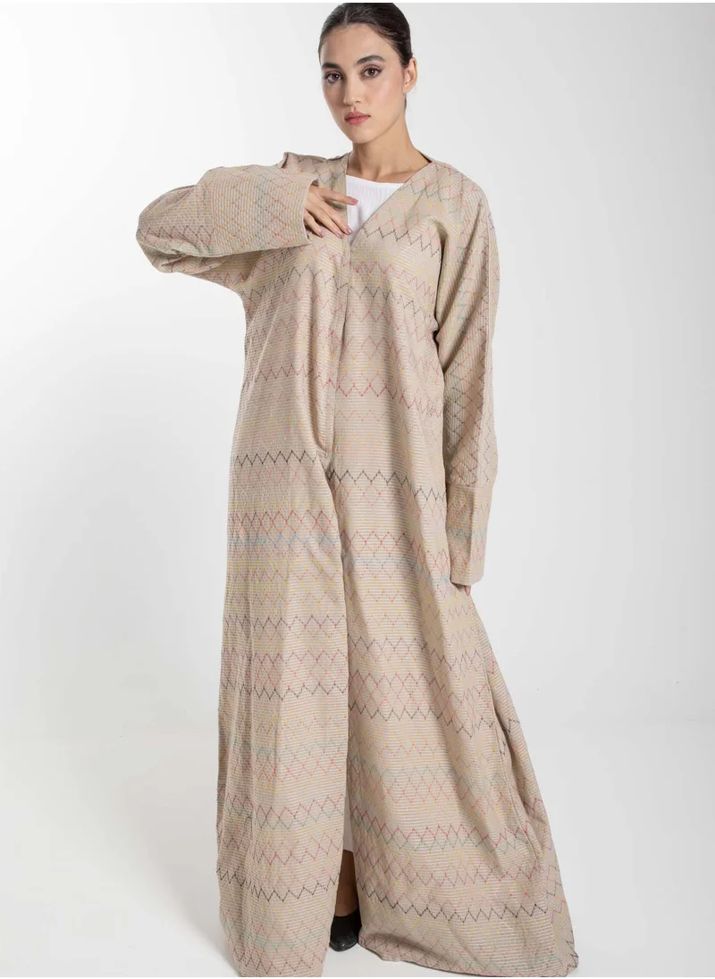 أم سكوير فاشن Front Open  Multicolor Thread Linen Beige Abaya