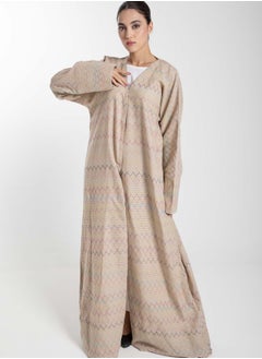MSquare Fashion Front Open  Multicolor Thread Linen Beige Abaya  - Image 1