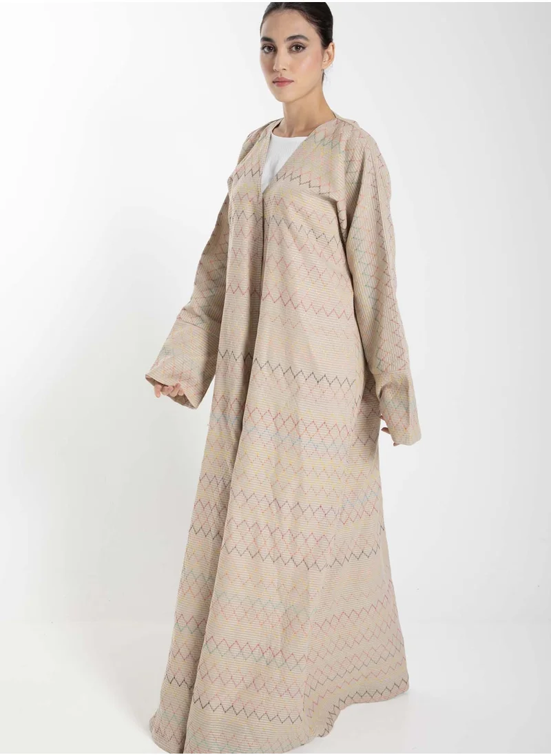 أم سكوير فاشن Front Open  Multicolor Thread Linen Beige Abaya