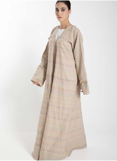 MSquare Fashion Front Open  Multicolor Thread Linen Beige Abaya  - Image 2