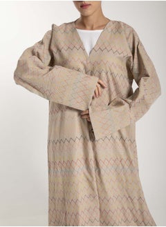 MSquare Fashion Front Open  Multicolor Thread Linen Beige Abaya  - Image 3