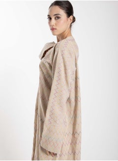 MSquare Fashion Front Open  Multicolor Thread Linen Beige Abaya  - Image 4