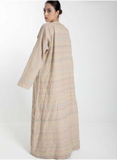 MSquare Fashion Front Open  Multicolor Thread Linen Beige Abaya  - Image 5