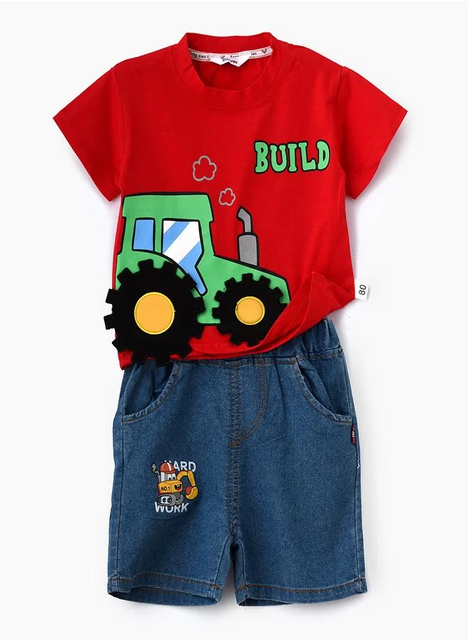 babyqlo Red Tractor Printed Tee & Shorts Set