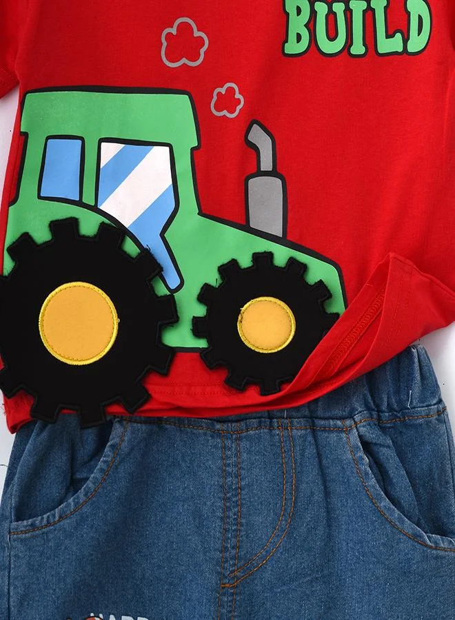 babyqlo Red Tractor Printed Tee & Shorts Set