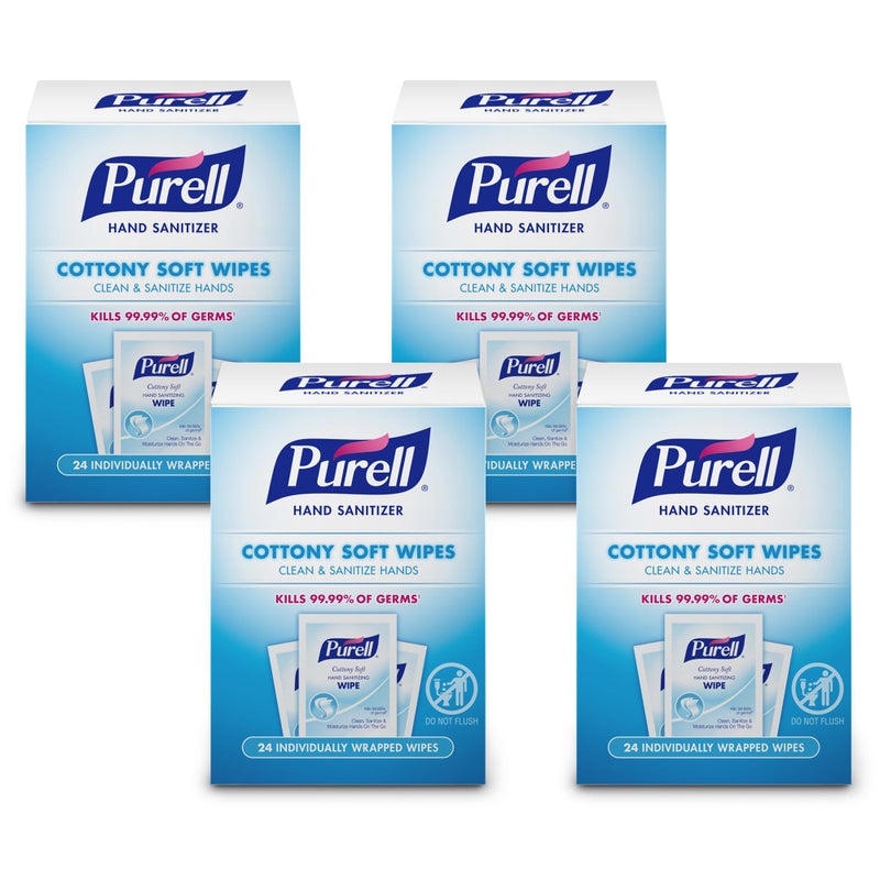 PURELL Cottony Soft Hand Sanitizing Wipes Clean Scent, 24 Individually Wrapped Wipes (Pack of 4 Boxes) - 9029-04-CMR - Image 1