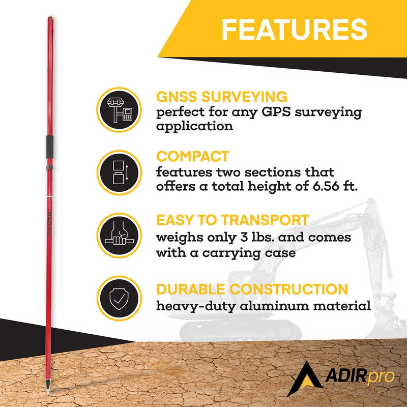 AdirPro Aluminum GPS Rover Rod â€“ 2m 2-Piece Design GPS Pole for Land Surveying & Engineering â€“ RTK GPS/GNSS Accessory â€“ Includes Level Vial & Carrying Case (Red) - Image 4