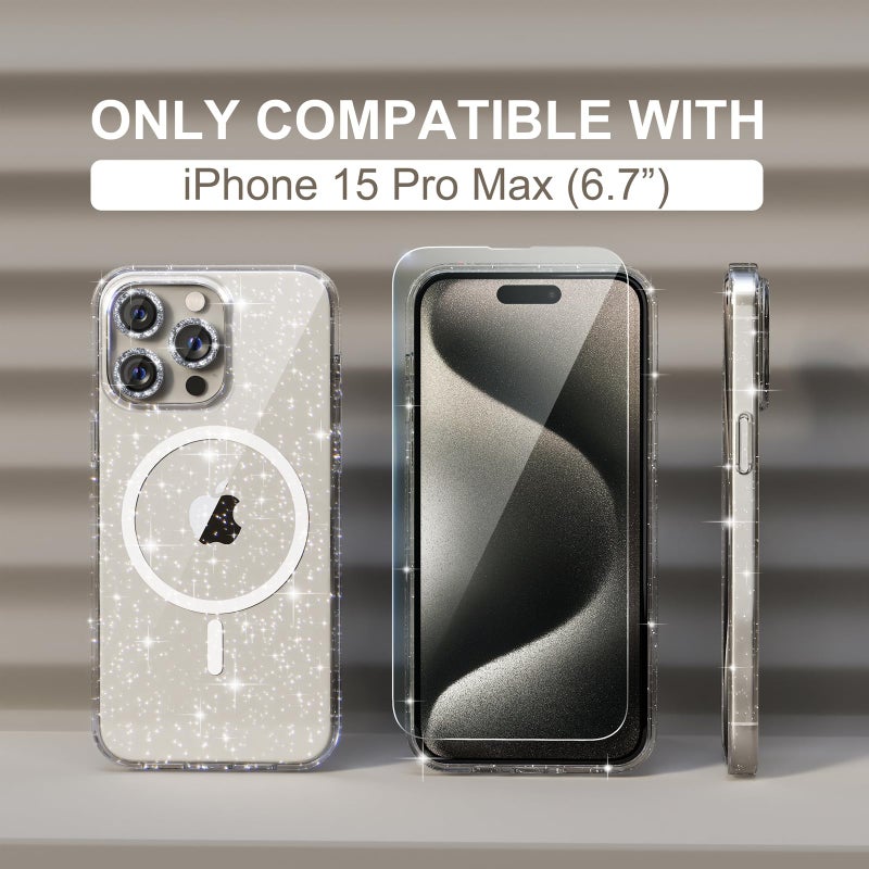 Choiche for iPhone 15 Pro Max Case Magnetic, Women Clear Glitter Bling Sparkly Case, [3xDiamond Camera Lens Protectors] [2xTempered Glass Screen Protectors] [Compatible MagSafe] (Glitter Clear) - Image 2