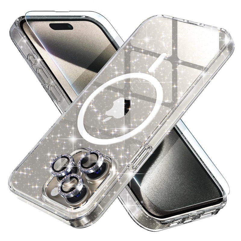 Choiche for iPhone 15 Pro Max Case Magnetic, Women Clear Glitter Bling Sparkly Case, [3xDiamond Camera Lens Protectors] [2xTempered Glass Screen Protectors] [Compatible MagSafe] (Glitter Clear) - Image 1