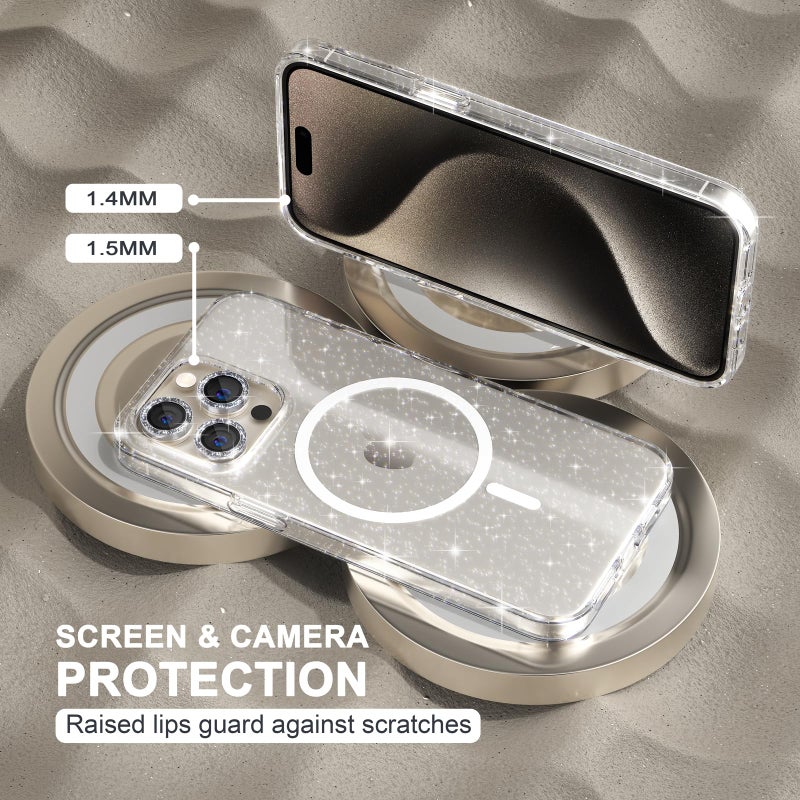 Choiche for iPhone 15 Pro Max Case Magnetic, Women Clear Glitter Bling Sparkly Case, [3xDiamond Camera Lens Protectors] [2xTempered Glass Screen Protectors] [Compatible MagSafe] (Glitter Clear) - Image 4