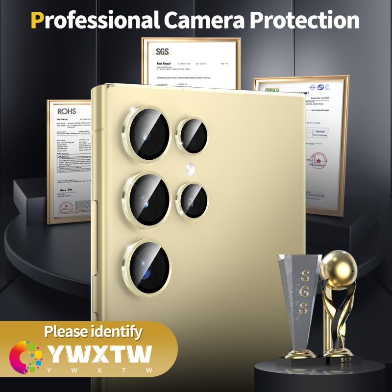 YWXTW Camera Lens Protector for Samsung Galaxy S24 Ultra Accessories, [3x Impact Resistance] Individual Metal Ring Tempered Glass Camera Screen Protector, Case Friendly, 1 Set (Titanium Yellow) - Image 2