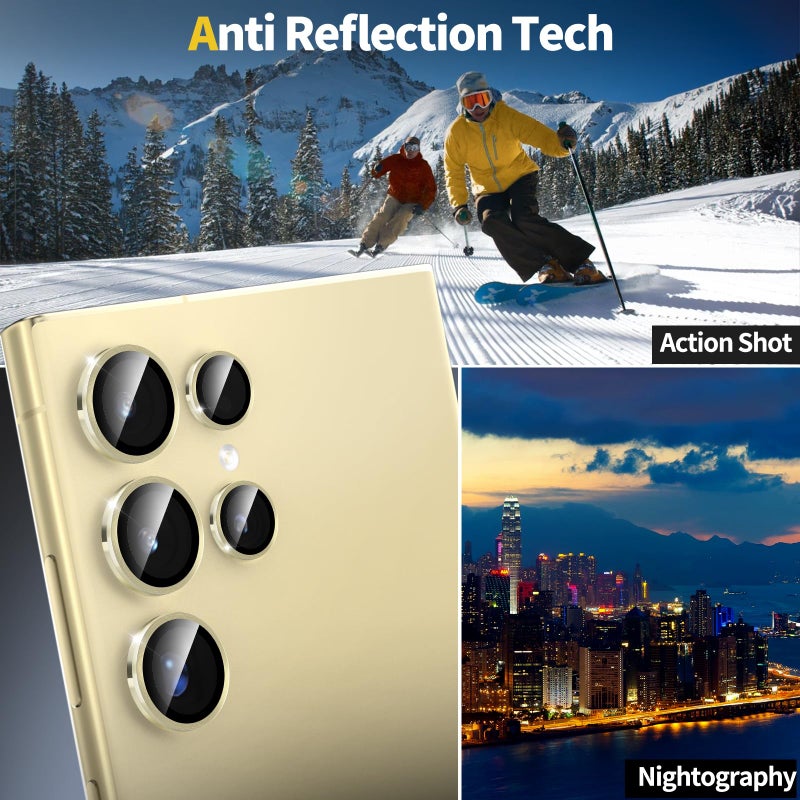 YWXTW Camera Lens Protector for Samsung Galaxy S24 Ultra Accessories, [3x Impact Resistance] Individual Metal Ring Tempered Glass Camera Screen Protector, Case Friendly, 1 Set (Titanium Yellow) - Image 3