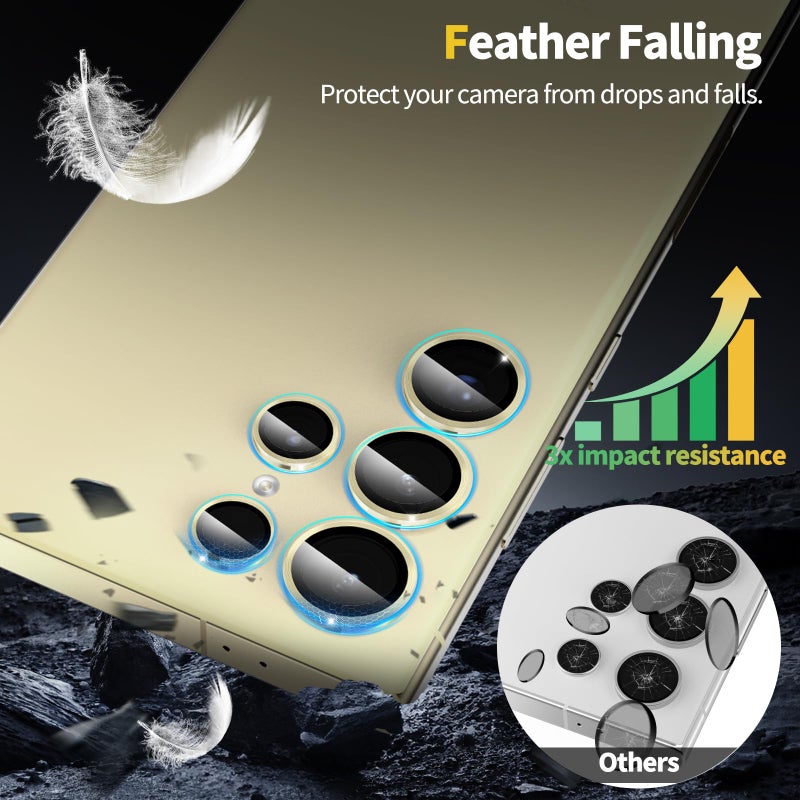 YWXTW Camera Lens Protector for Samsung Galaxy S24 Ultra Accessories, [3x Impact Resistance] Individual Metal Ring Tempered Glass Camera Screen Protector, Case Friendly, 1 Set (Titanium Yellow) - Image 4
