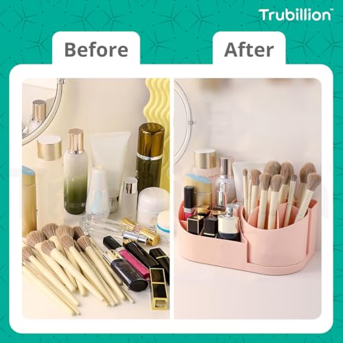 TRUBILLION Revolve 360 Degree Rotating Office Desk and Makeup Brush Organizer Stand – Multipurpose Organizer with 16 Compartments for Brushes, Pens, Stationary – Durable, No Installation Needed (Pink) - Image 3