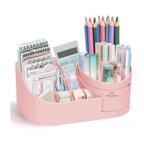 TRUBILLION Revolve 360 Degree Rotating Office Desk and Makeup Brush Organizer Stand – Multipurpose Organizer with 16 Compartments for Brushes, Pens, Stationary – Durable, No Installation Needed (Pink) - Image 1