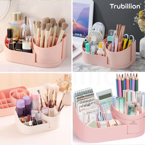 TRUBILLION Revolve 360 Degree Rotating Office Desk and Makeup Brush Organizer Stand – Multipurpose Organizer with 16 Compartments for Brushes, Pens, Stationary – Durable, No Installation Needed (Pink) - Image 2