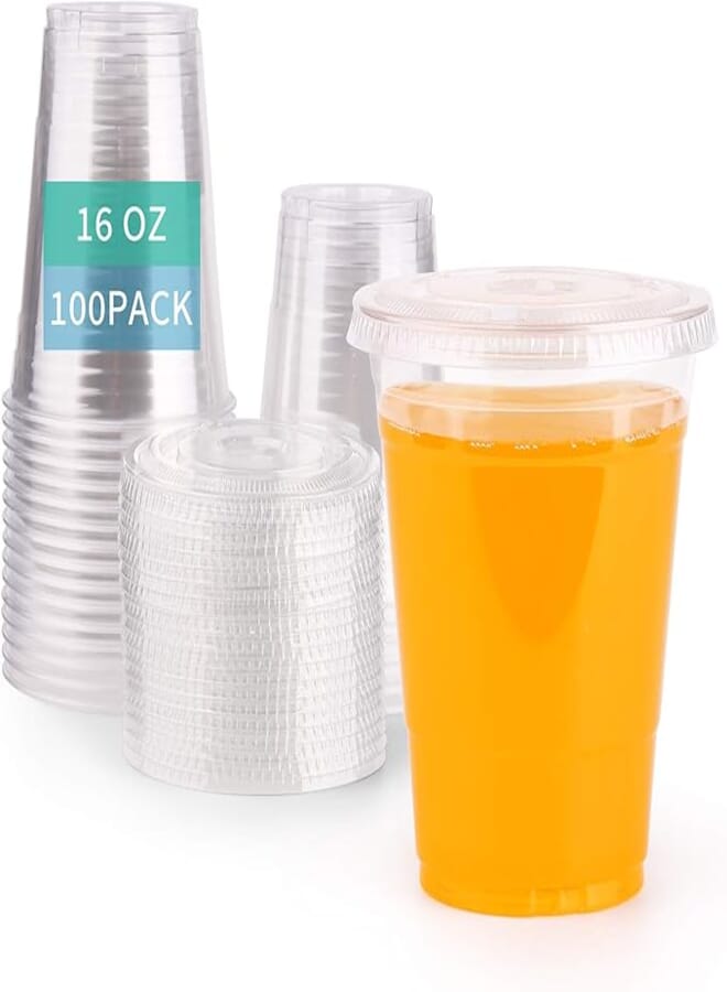 FULING [100 Sets - 16 oz.] Clear Plastic Cups with Slot Lid, BPA Free PET Crystal Clear Disposable 16oz Plastic Cups with Lids