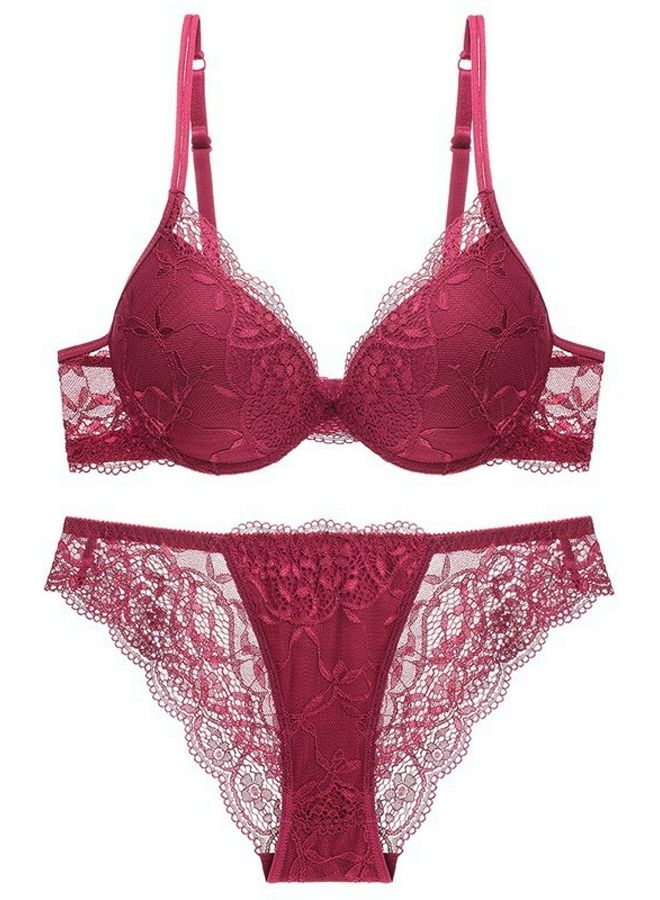 Solid Color Thick Cup Lace Bra And Panty Set Dark Red
